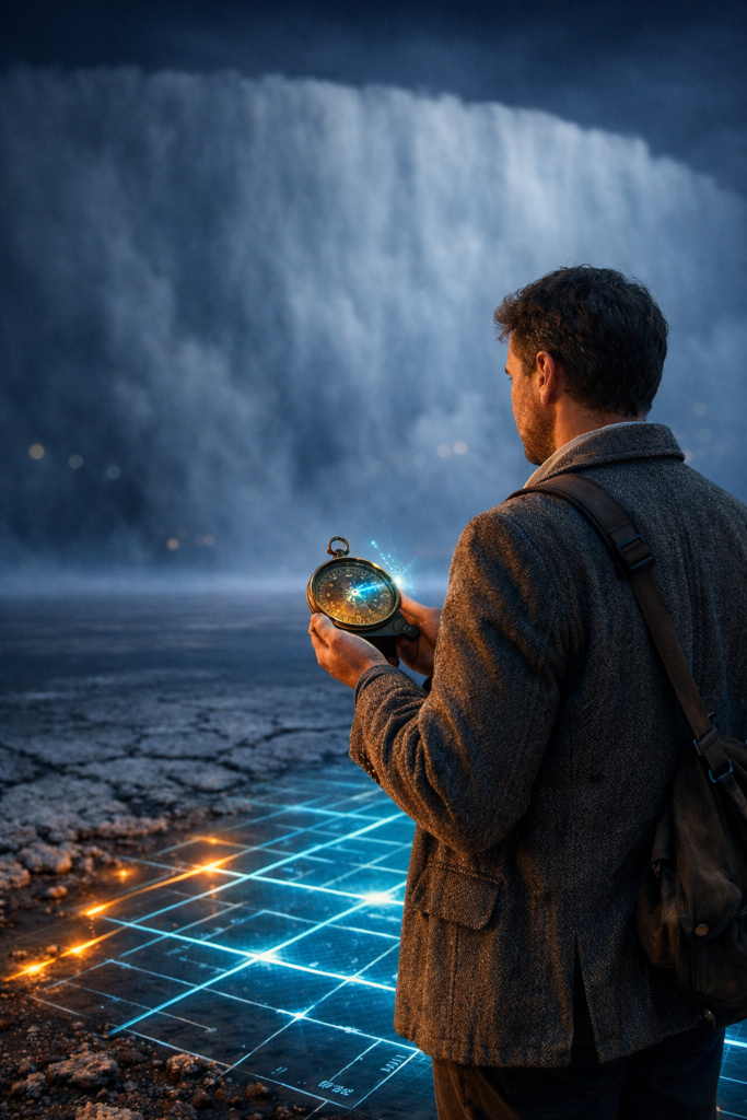 A focused academic researcher standing before a massive